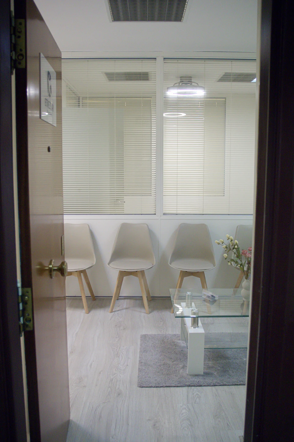 Sala de espera de Etxezuri vista desde la puerta: sillas grises de estilo nórdico, mesa baja de cristal con flores y mamparas con estores